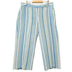 David N Cropped Pants Women 12 Linen Blend Blue Cream Stripes Wide Leg High Rise